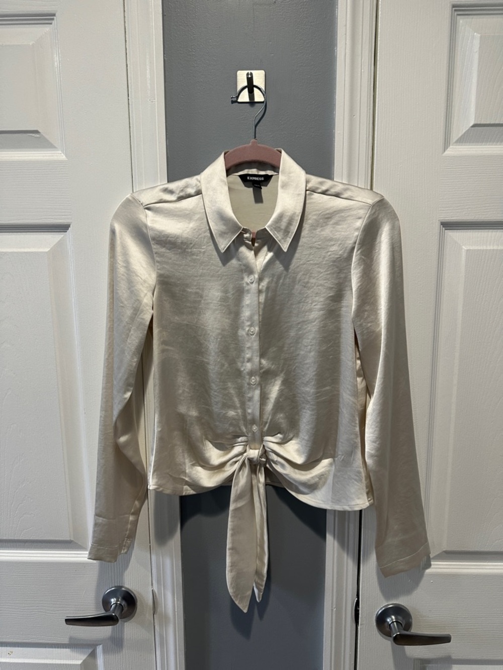 Express Satin Tie-Front Button-Down Shirt in Cream